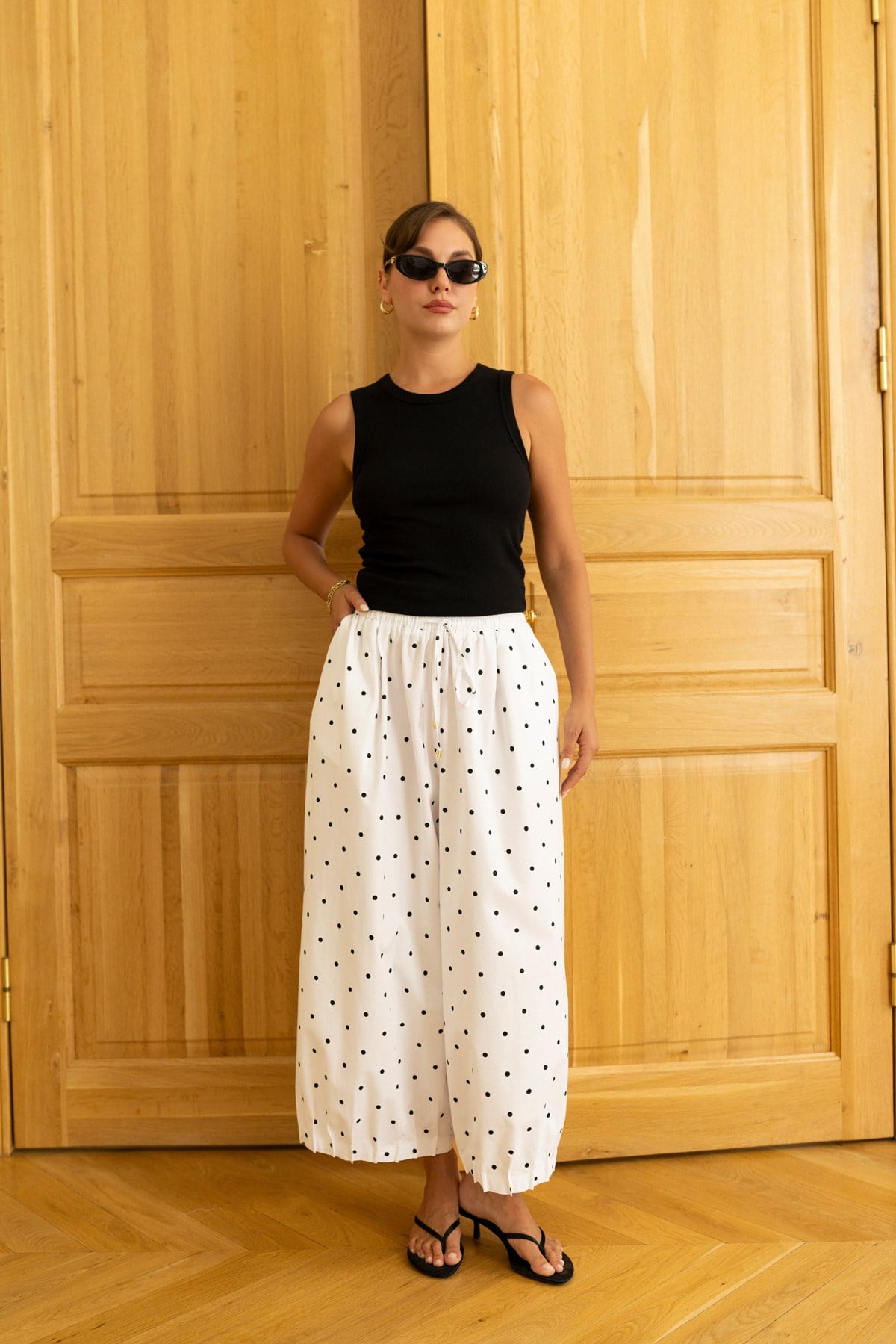 Beyaz Beli Lastikli Puantiyeli Slouchy Pantolon