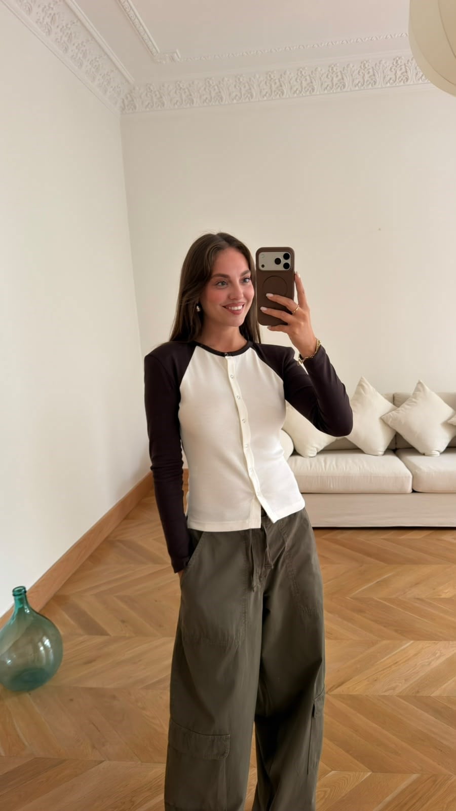 Beyaz-Kahve Vatkalı Çıt Çıt Detaylı Renk Geçişli SweatShirt