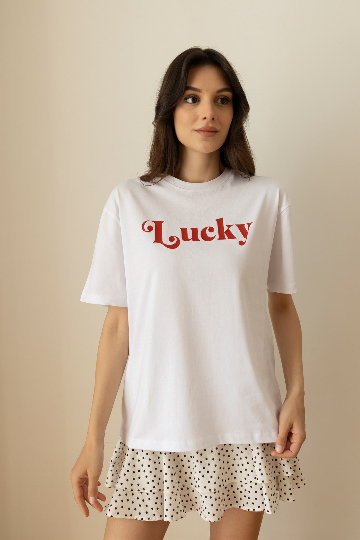 Beyaz Lucky Yazı Baskılı T-Shirt