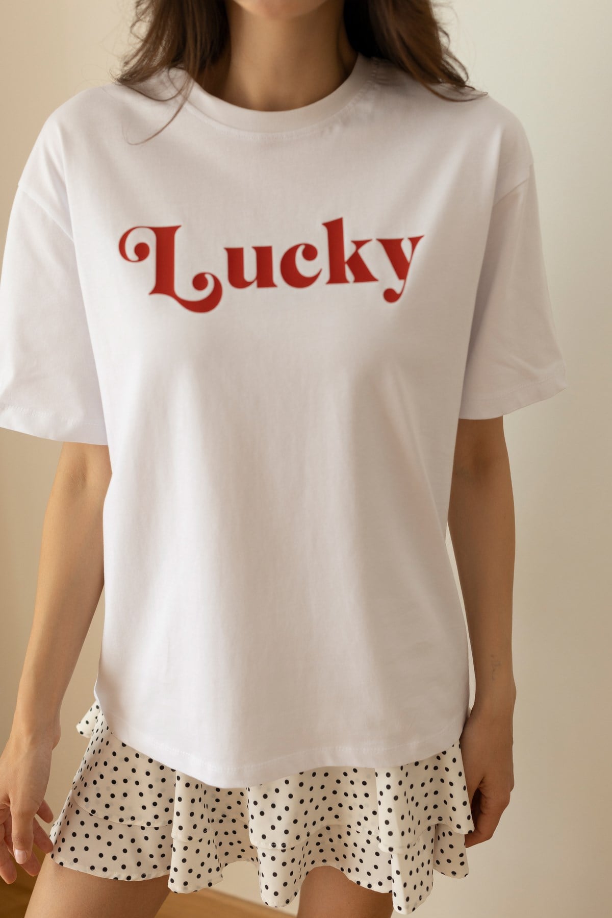 Beyaz Lucky Yazı Baskılı T-Shirt