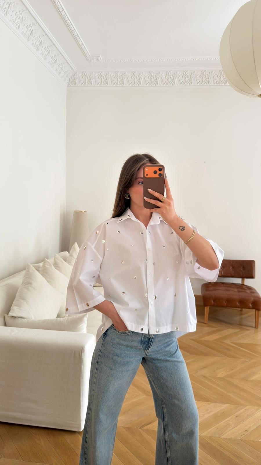 Beyaz Oversize Drop Detaylı Gömlek