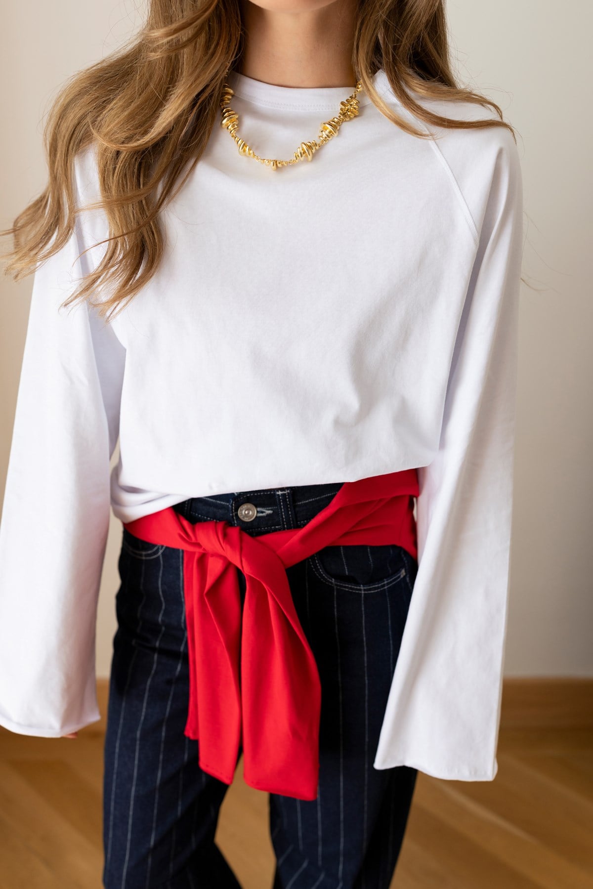 Beyaz Oversize İspanyol Kol Basic T-Shirt