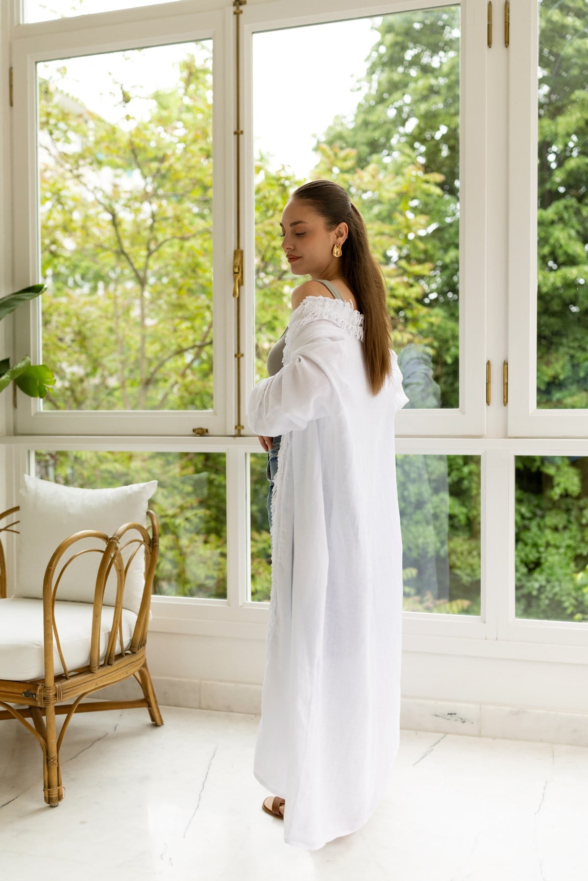 Beyaz Püskül Detaylı Kimono