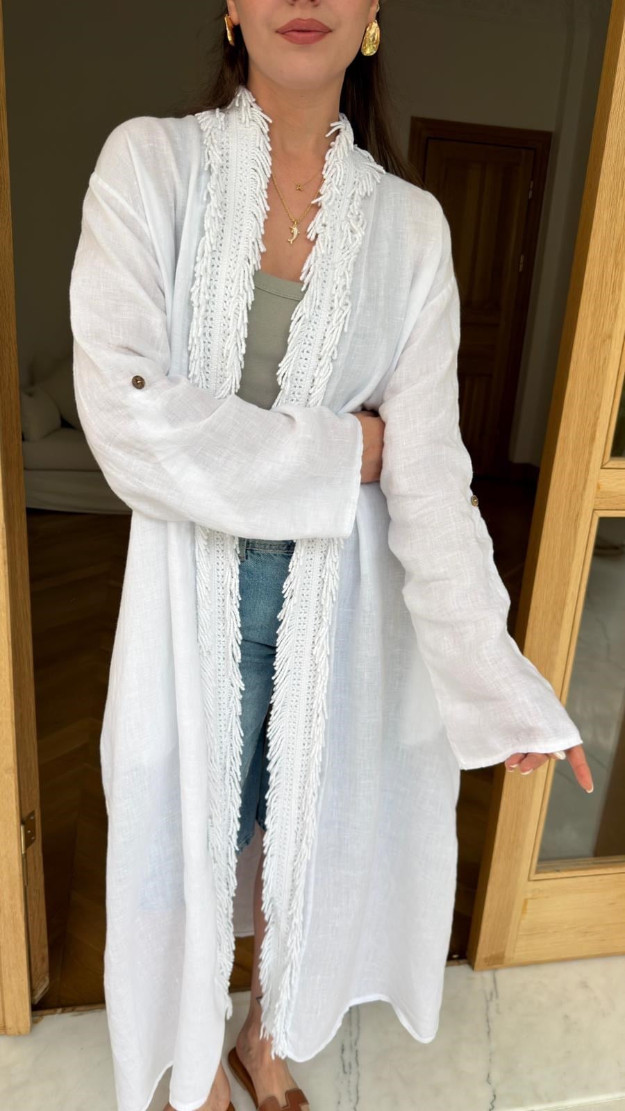 Beyaz Püskül Detaylı Kimono