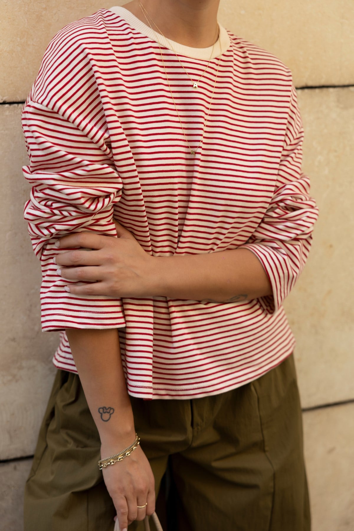 Bordo-Beyaz Biye Detaylı Oversize Çizgili Uzun Kol T-Shirt