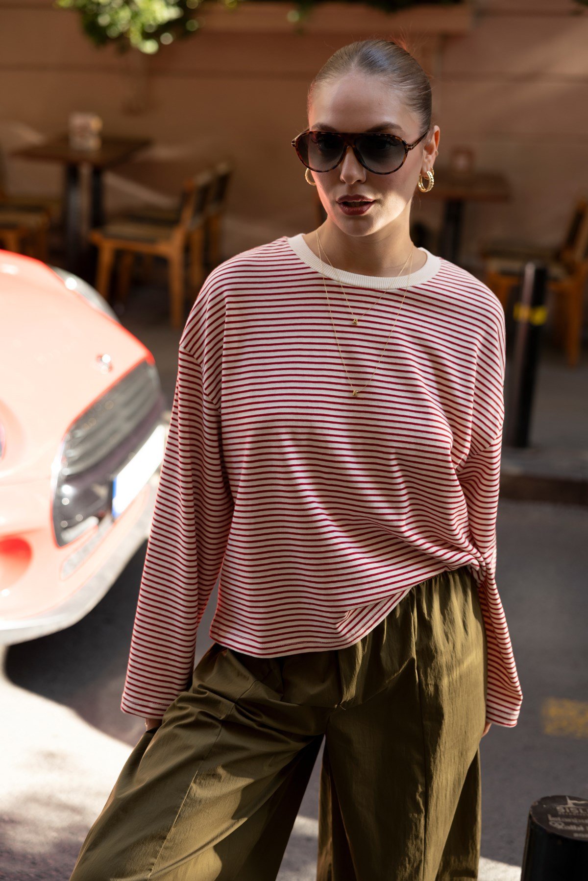 Bordo-Beyaz Biye Detaylı Oversize Çizgili Uzun Kol T-Shirt