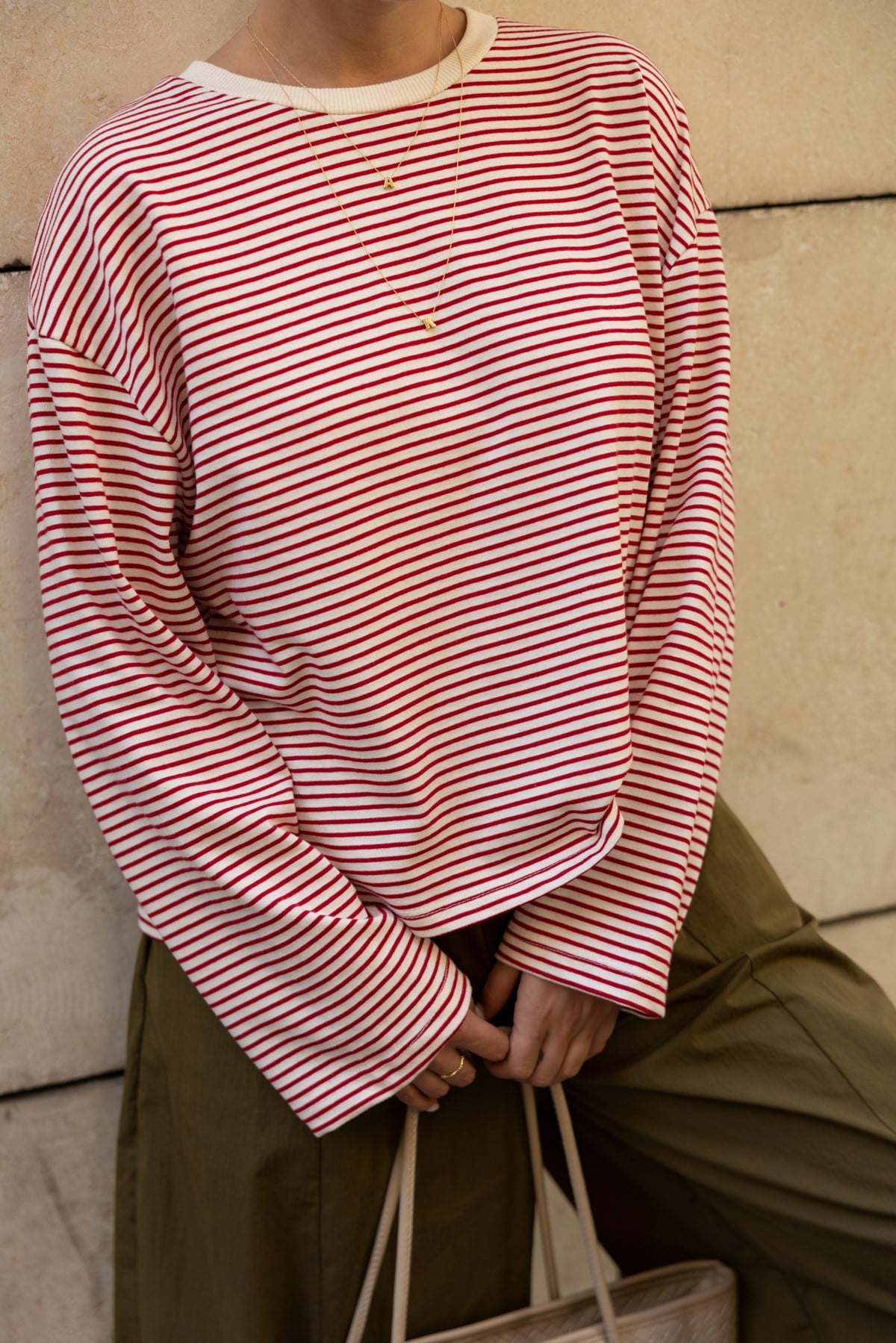 Bordo-Beyaz Biye Detaylı Oversize Çizgili Uzun Kol T-Shirt