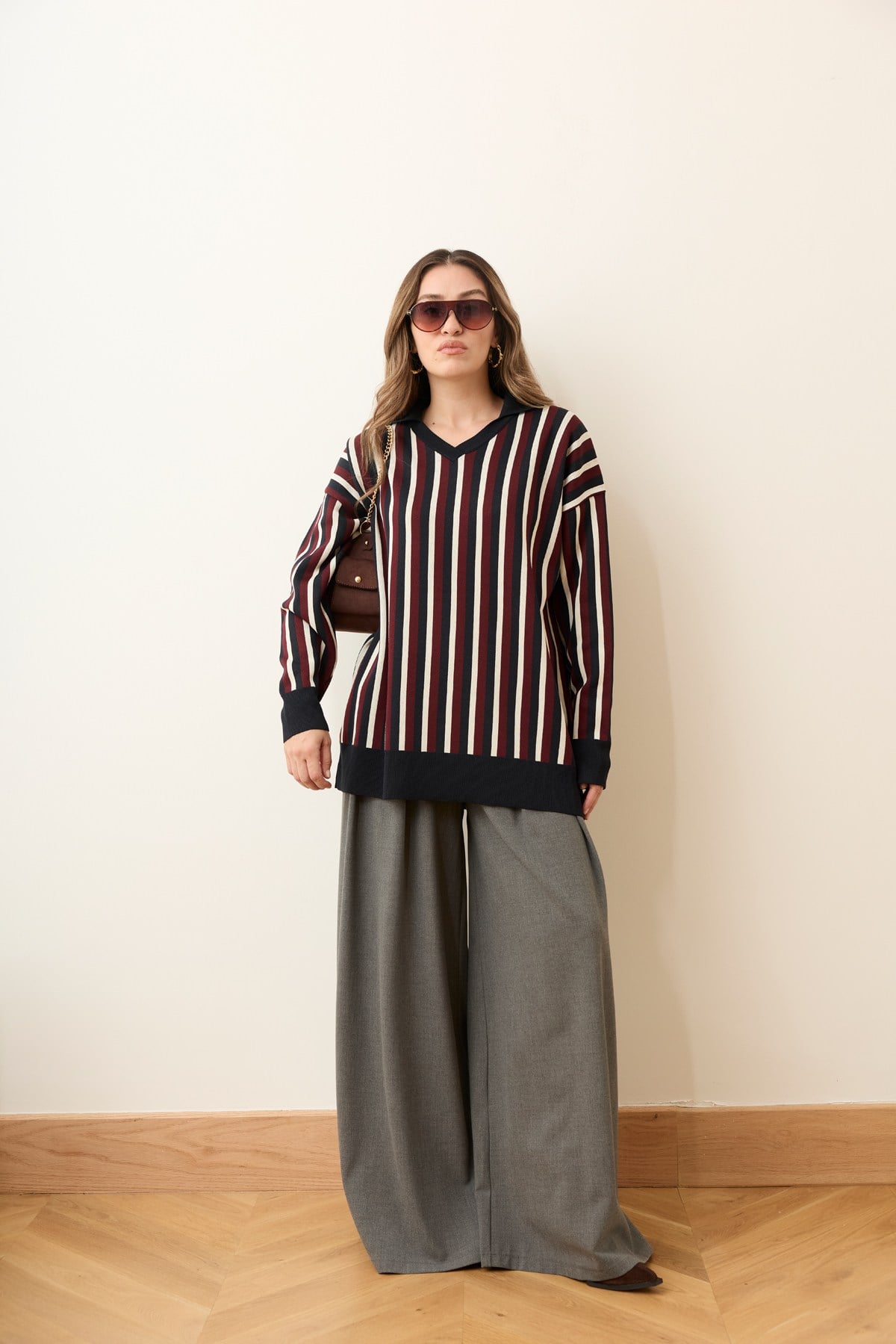 Bordo-Beyaz Polo Yaka Çizgili Oversize Triko