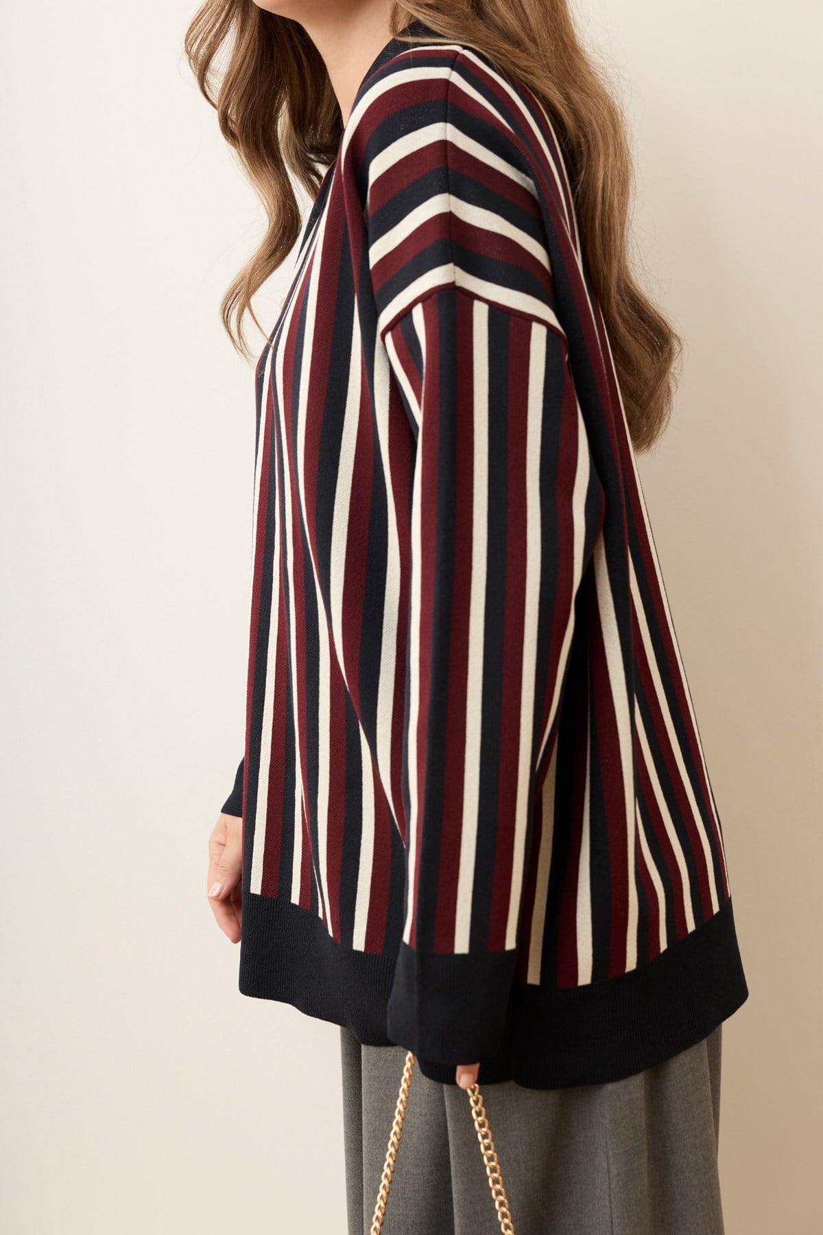 Bordo-Beyaz Polo Yaka Çizgili Oversize Triko