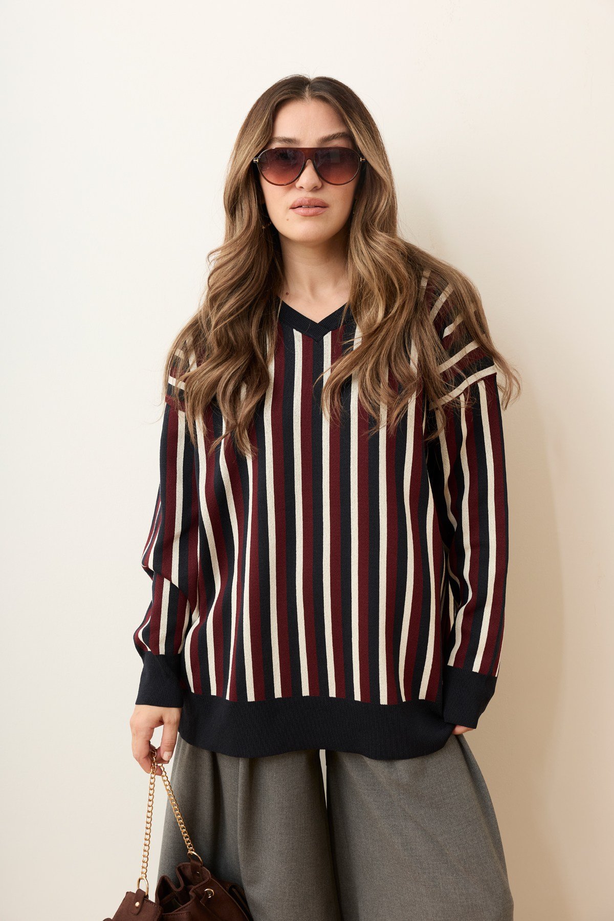 Bordo-Beyaz Polo Yaka Çizgili Oversize Triko