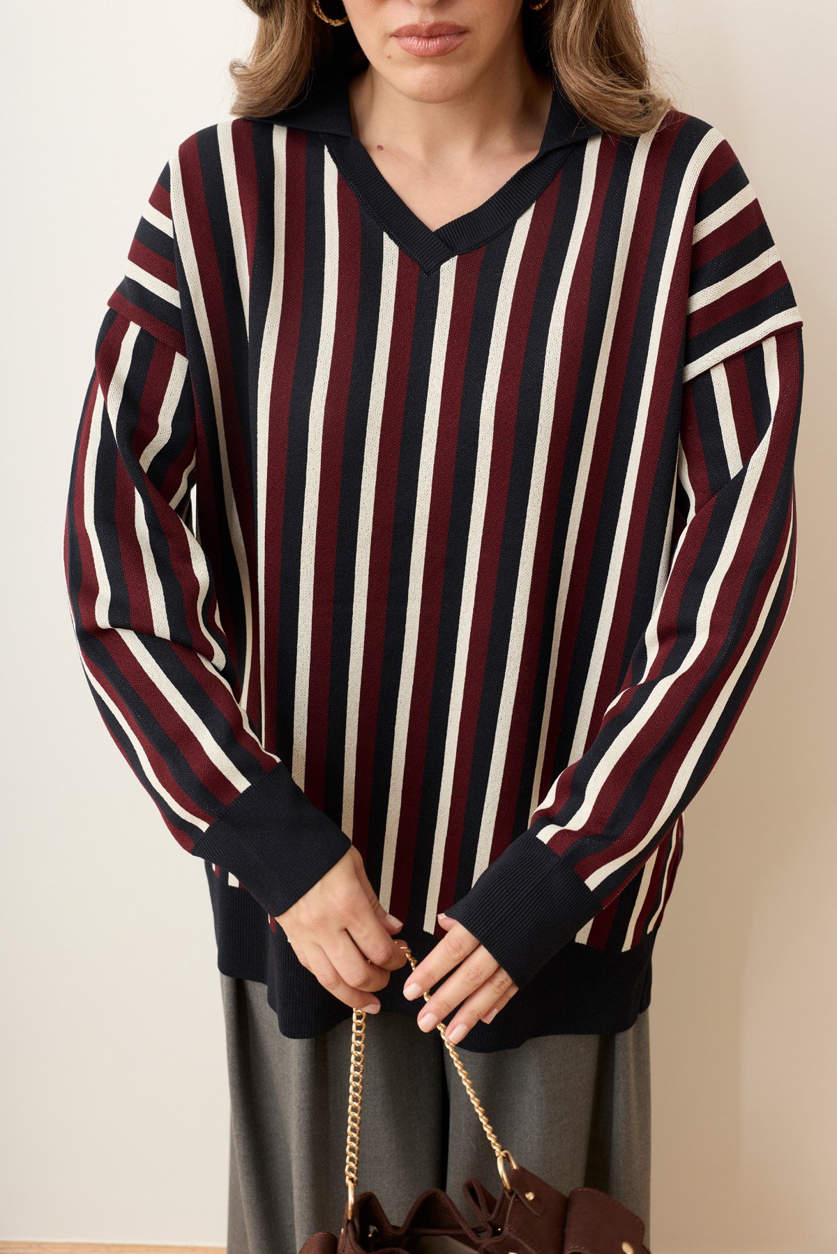 Bordo-Beyaz Polo Yaka Çizgili Oversize Triko