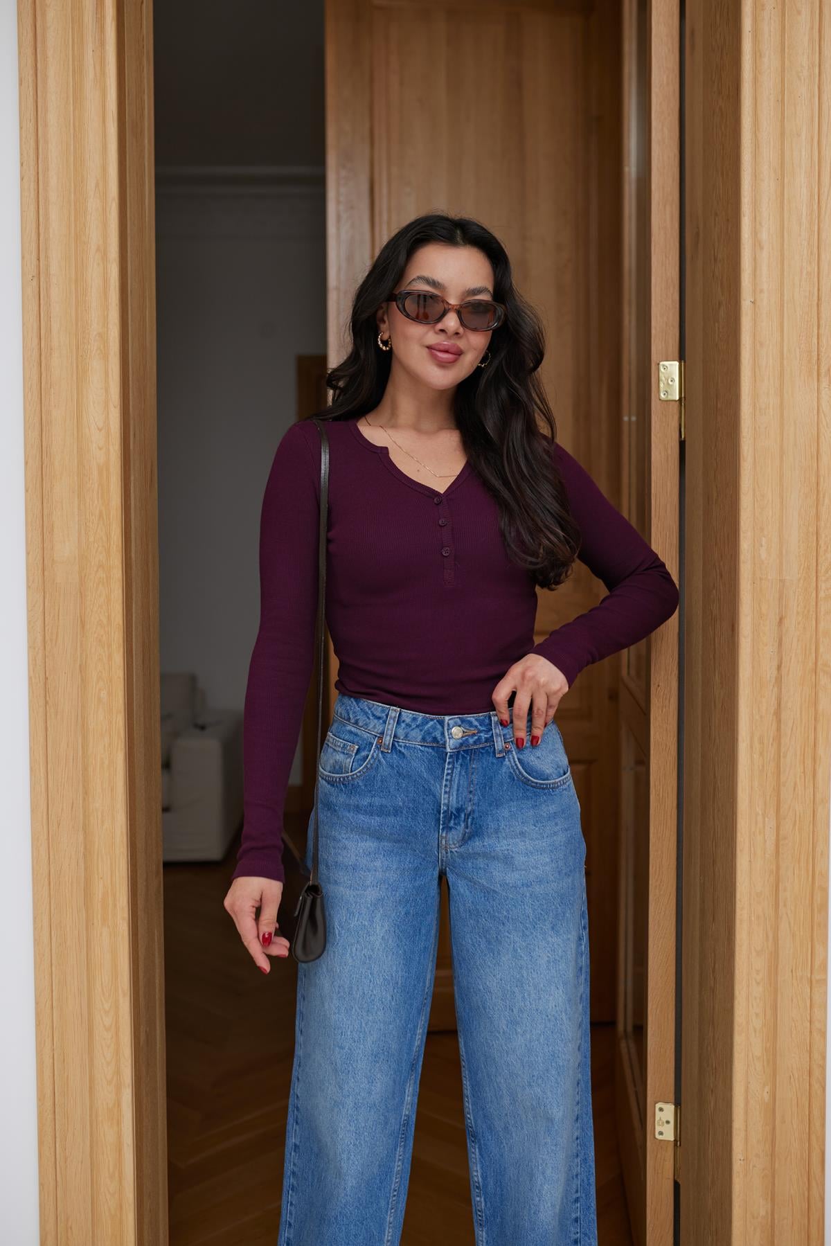 Bordo Önden Yarım Düğmeli Fitilli Bluz