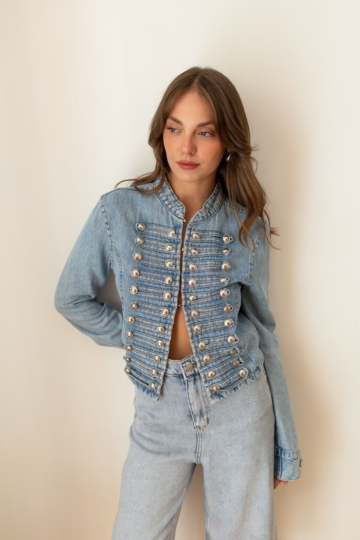 Buz Mavi Napolyon Düğme Detaylı Denim Ceket