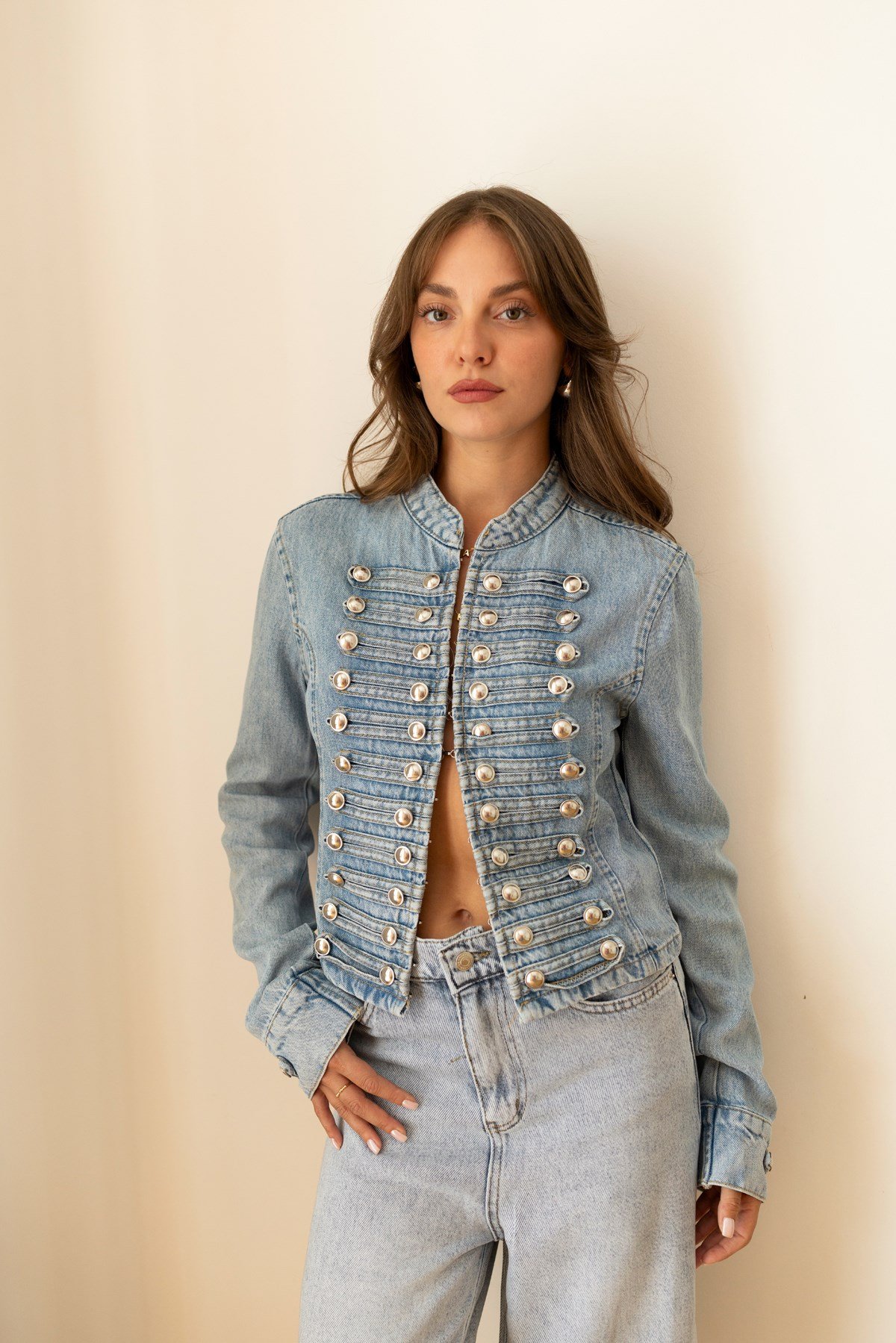 Buz Mavi Napolyon Düğme Detaylı Denim Ceket