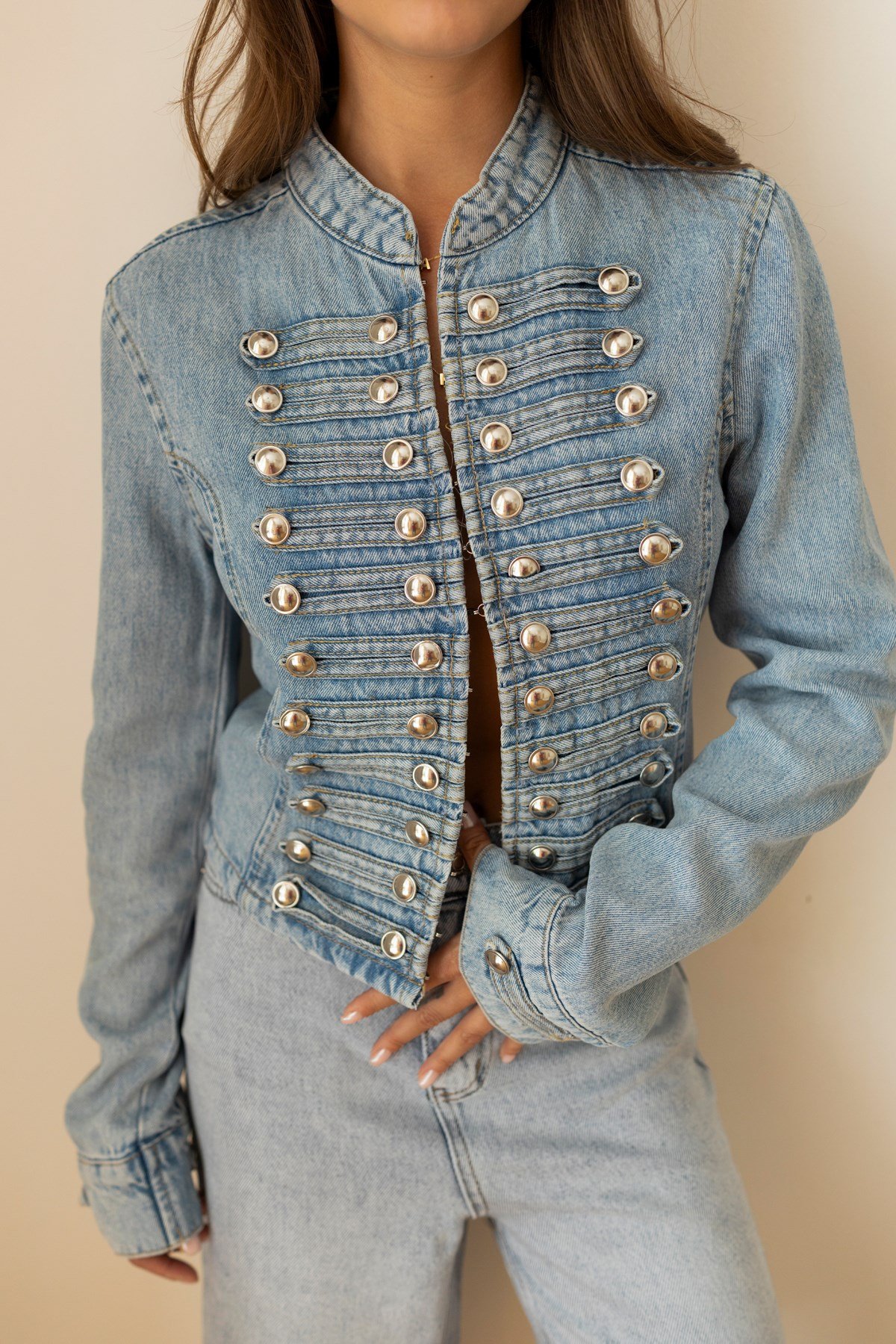 Buz Mavi Napolyon Düğme Detaylı Denim Ceket