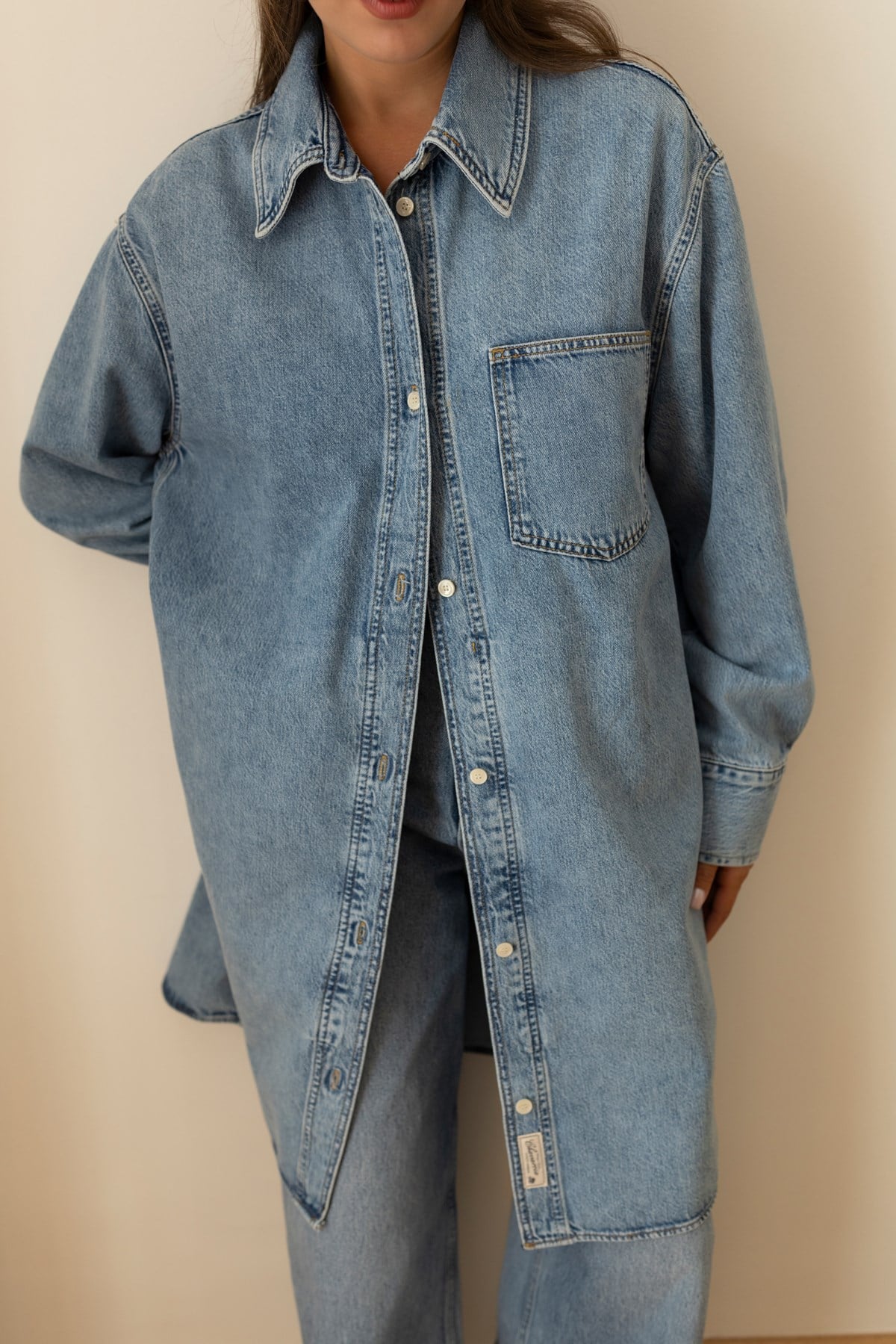 Buz Mavi Önden Tek Cepli Denim Elbise