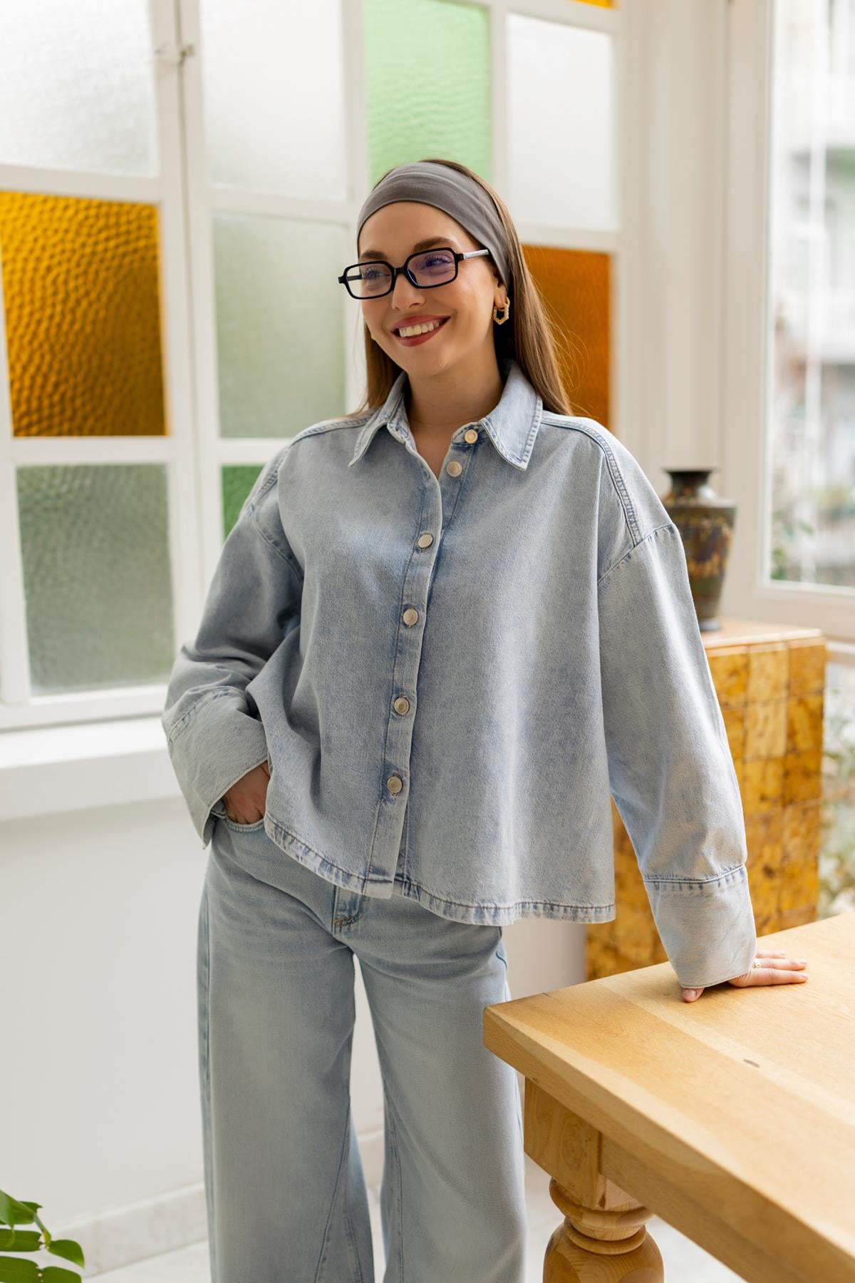 Buz Mavi Polo Yaka Oversize Denim Gömlek