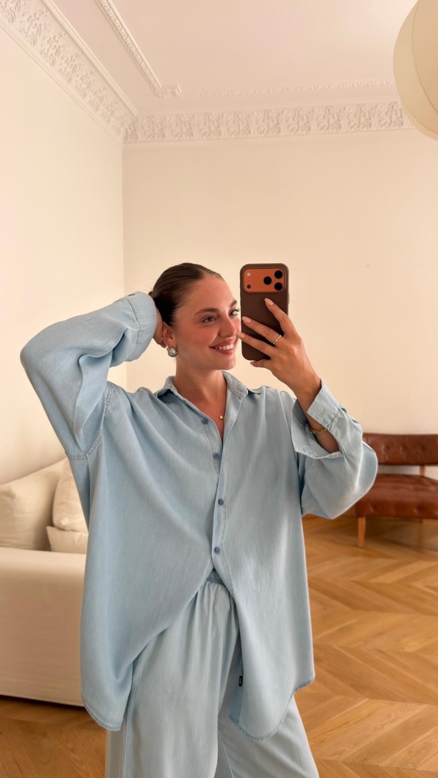 Buz Mavi Tensel Oversize Gömlek  Pantolon Takım