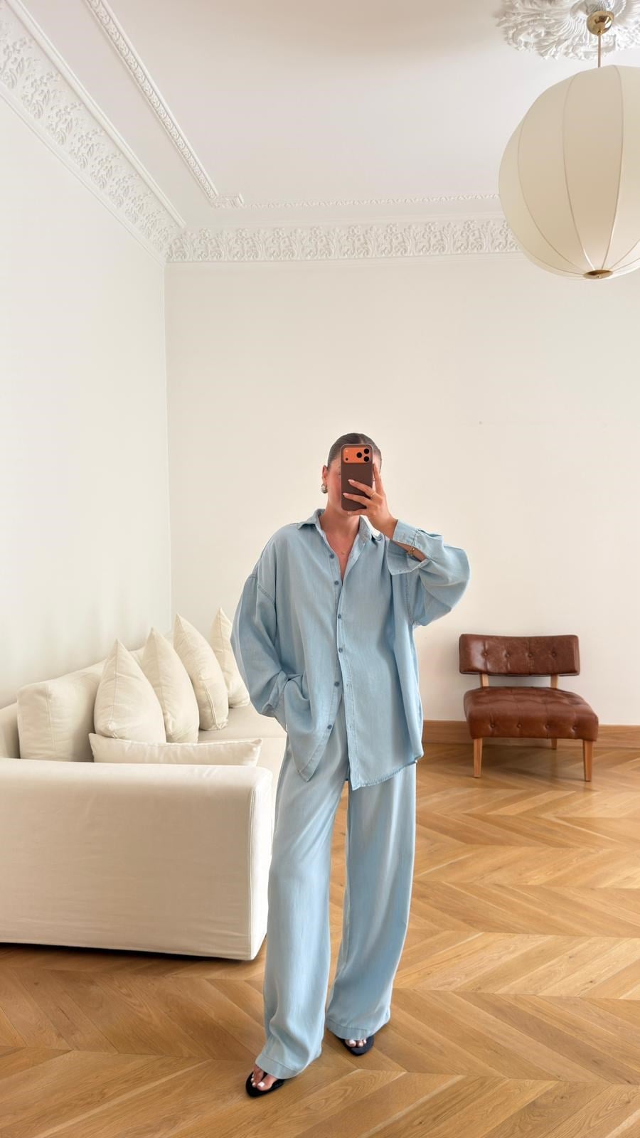 Buz Mavi Tensel Oversize Gömlek  Pantolon Takım