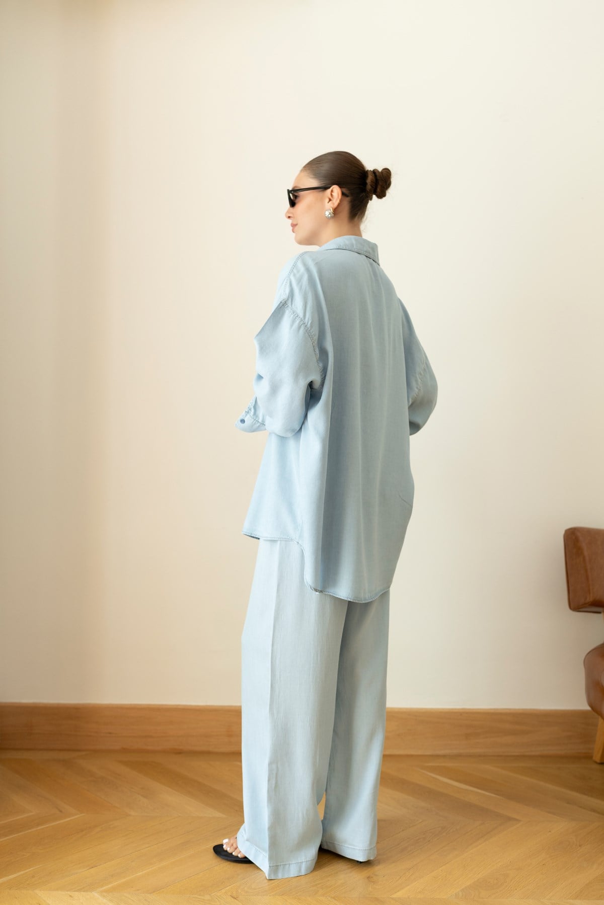 Buz Mavi Tensel Oversize Gömlek  Pantolon Takım