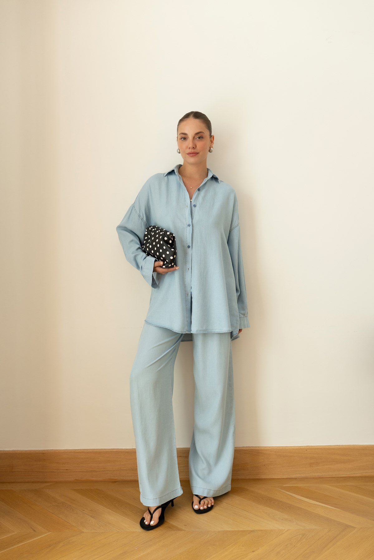 Buz Mavi Tensel Oversize Gömlek  Pantolon Takım