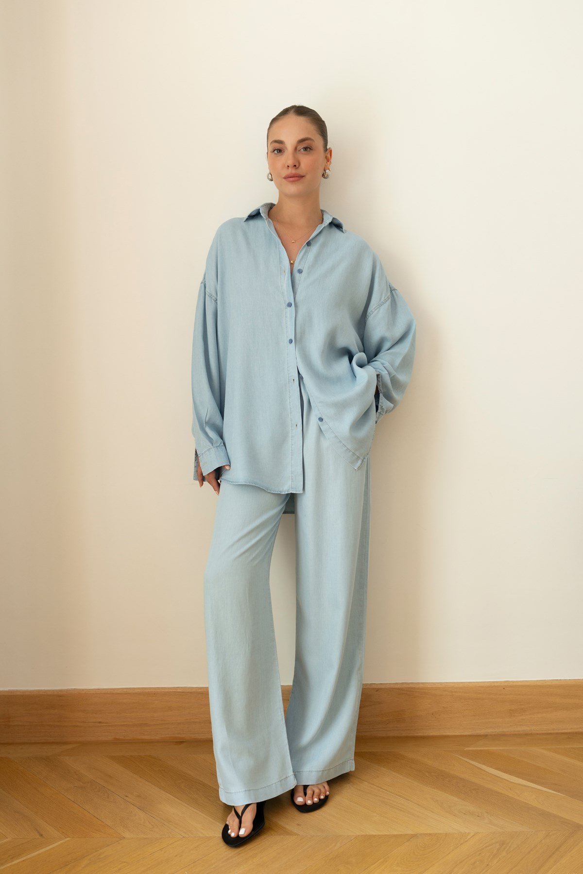 Buz Mavi Tensel Oversize Gömlek  Pantolon Takım