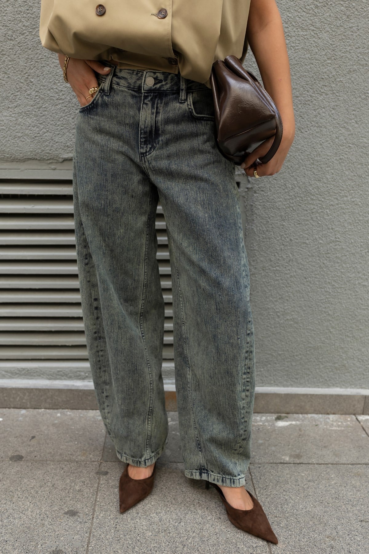 Buz Mavi Yüksek Bel Yıkamalı Slouchy Jean Pantolon