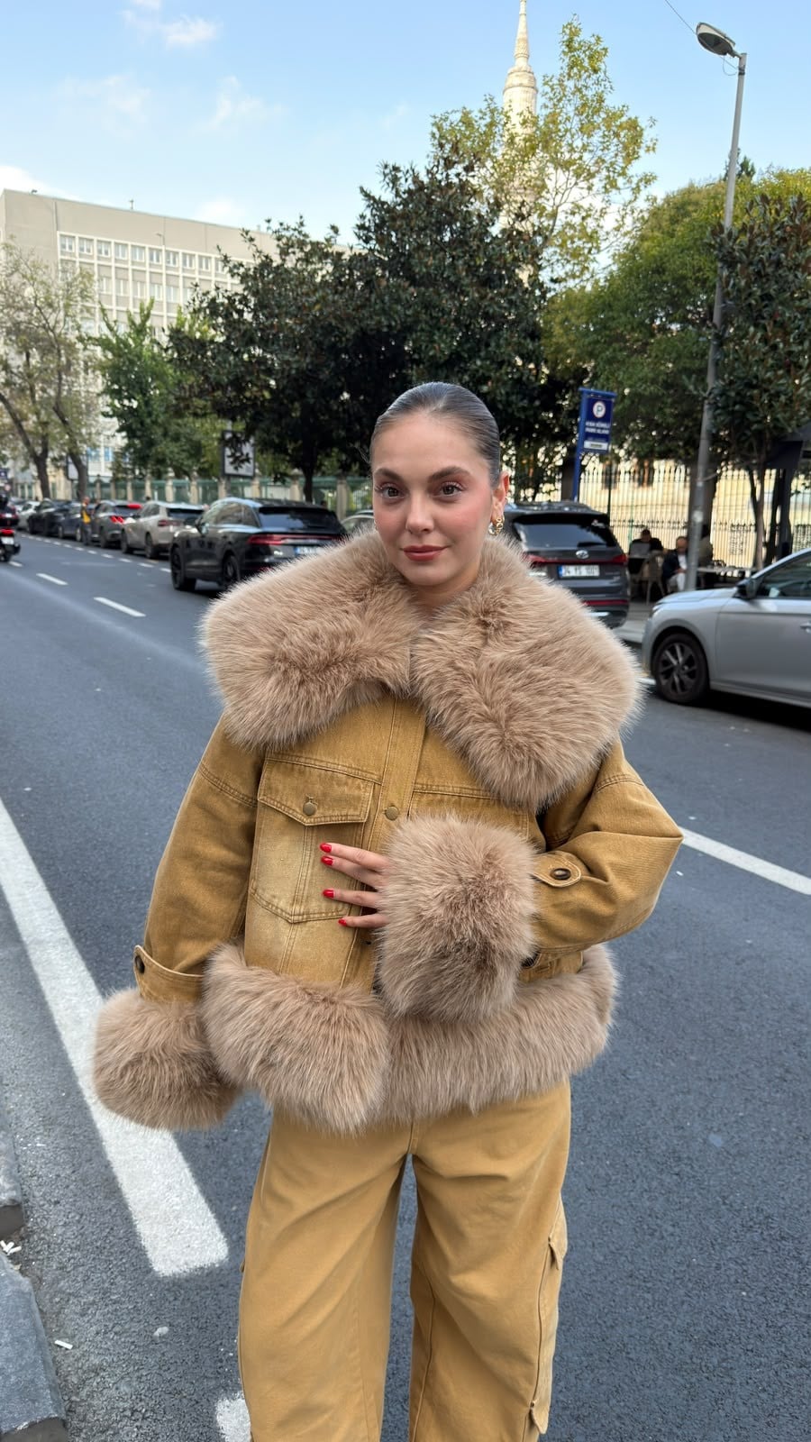 Camel İthal Kürk Detaylı Vintage Ceket