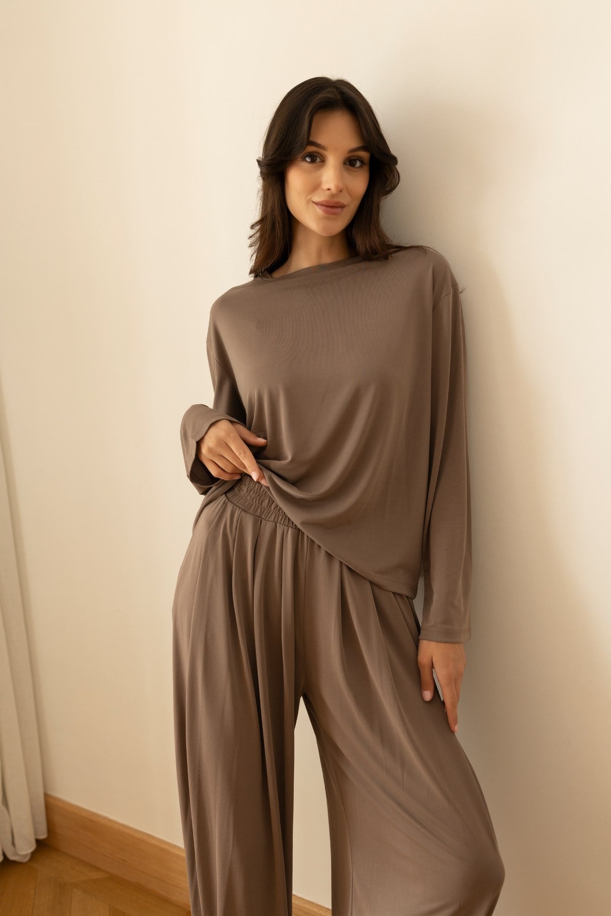 Camel Modal Kumaş Bluz Şalvar Eşofman Takım