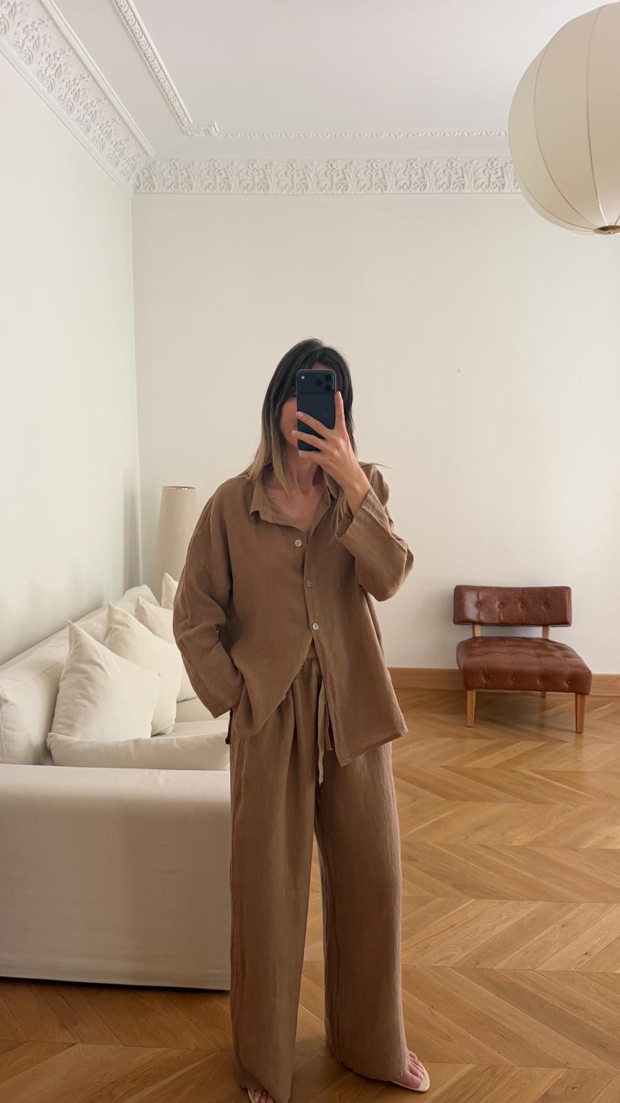 Camel Oversize Gömlek Pantolon %100 Keten Takım