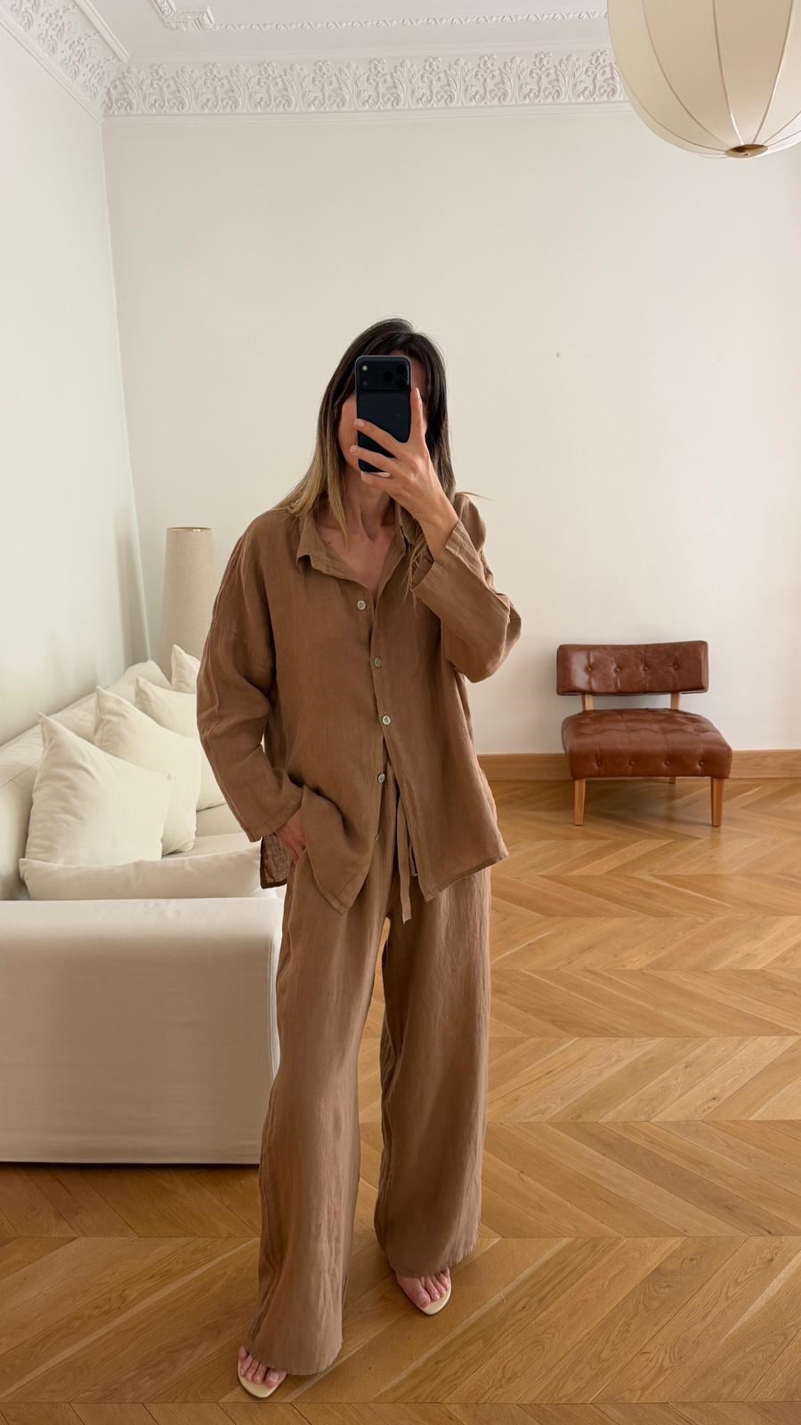 Camel Oversize Gömlek Pantolon %100 Keten Takım