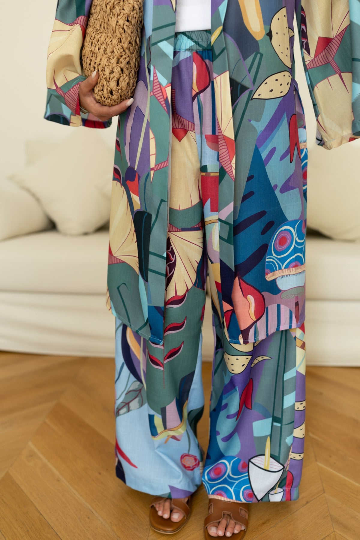 Çok Renkli Desenli Kuşaklı Kimono Pantolon Tasarım Takım