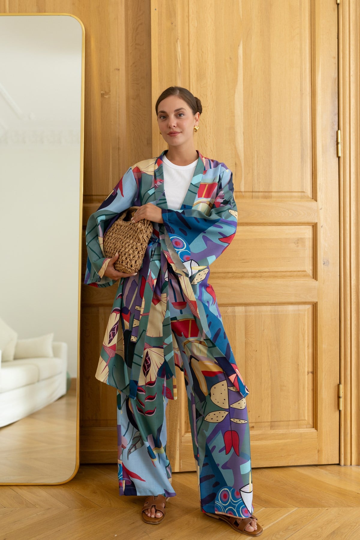 Çok Renkli Desenli Kuşaklı Kimono Pantolon Tasarım Takım