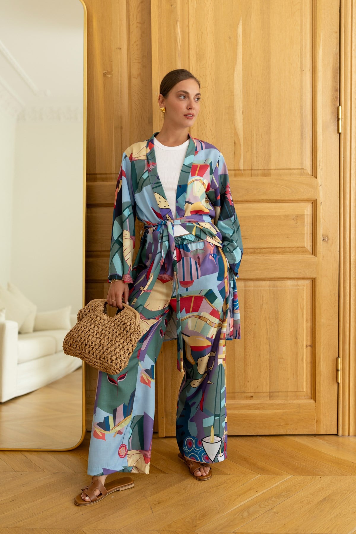 Çok Renkli Desenli Kuşaklı Kimono Pantolon Tasarım Takım