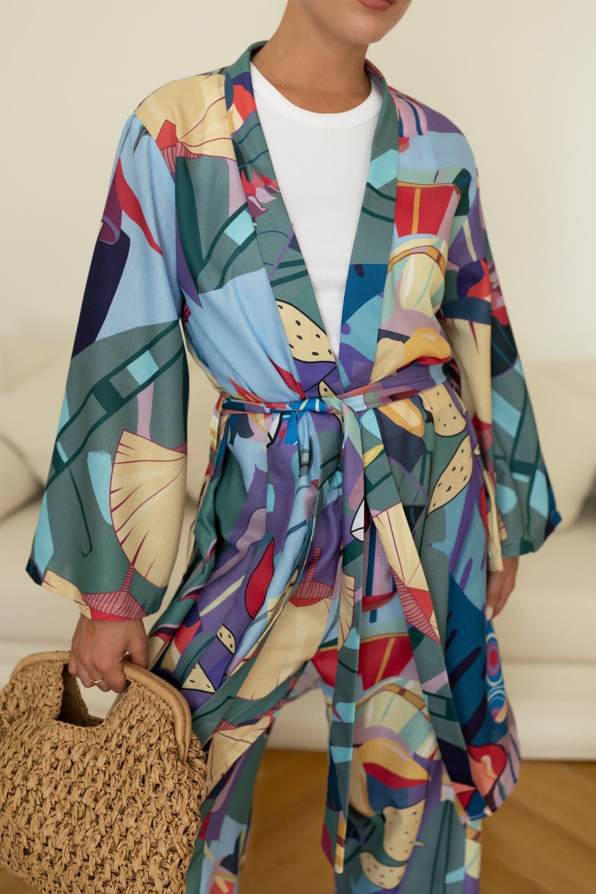 Çok Renkli Desenli Kuşaklı Kimono Pantolon Tasarım Takım
