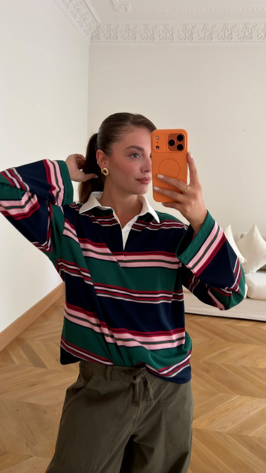 Çok Renkli Polo Yaka Çizgil Sweat