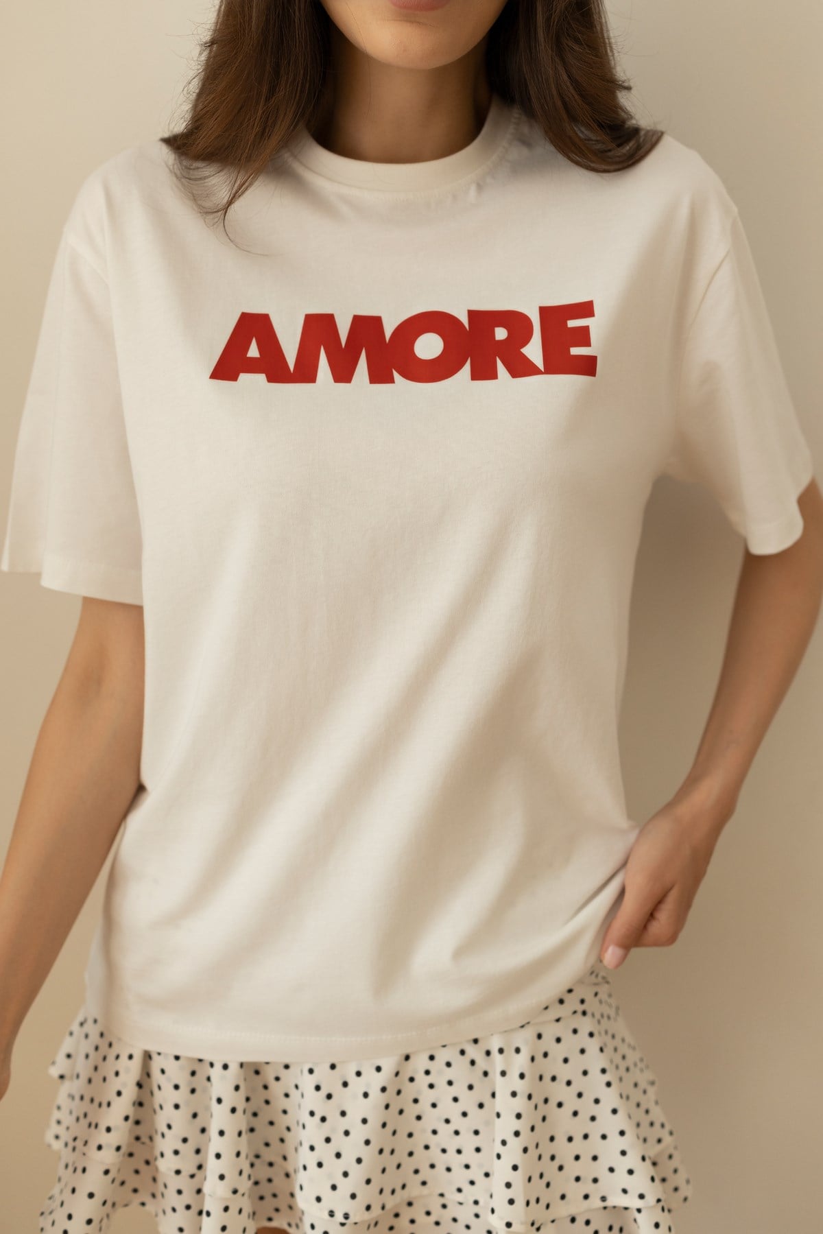 Ekru Amore Yazı Baskılı T-Shirt