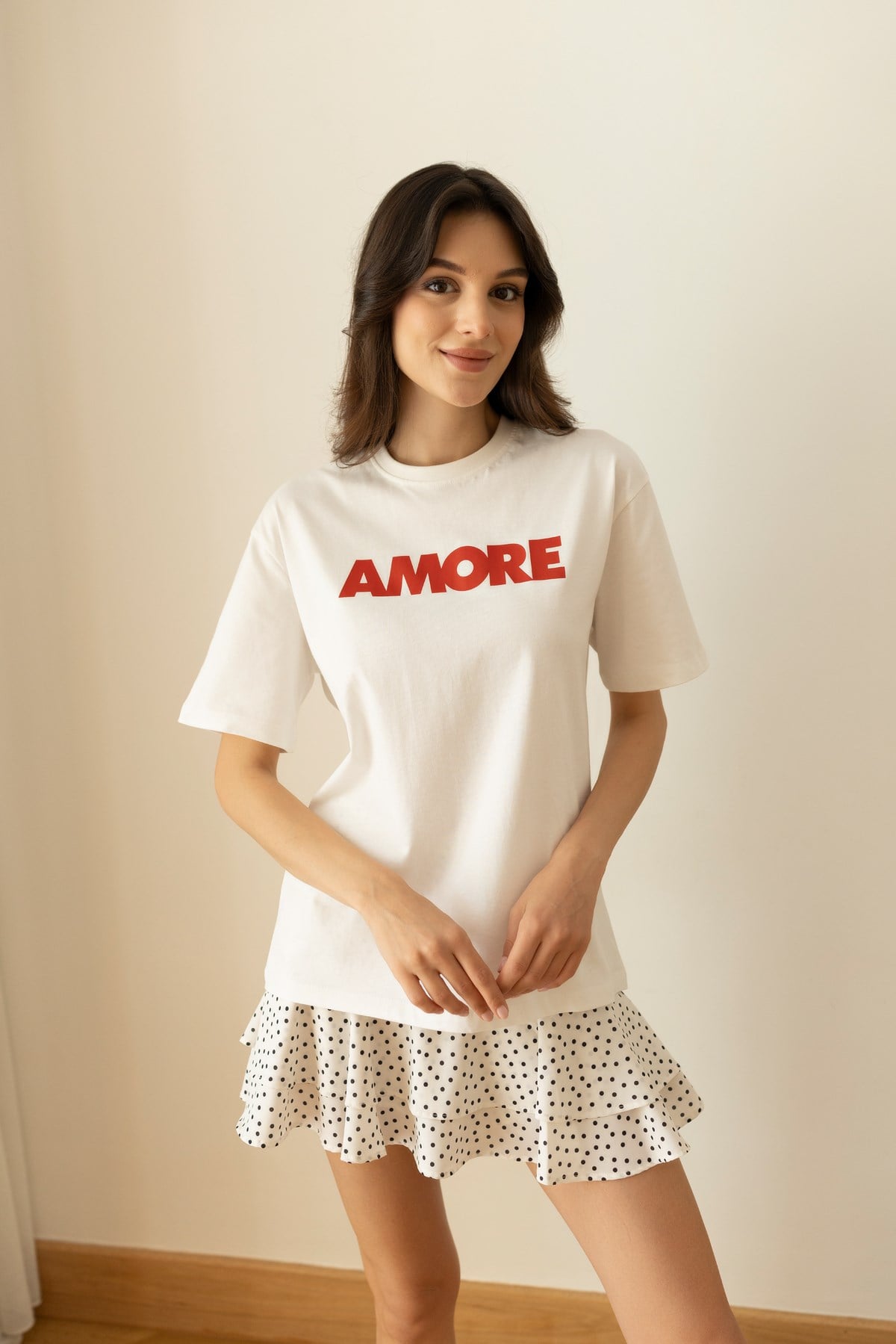 Ekru Amore Yazı Baskılı T-Shirt
