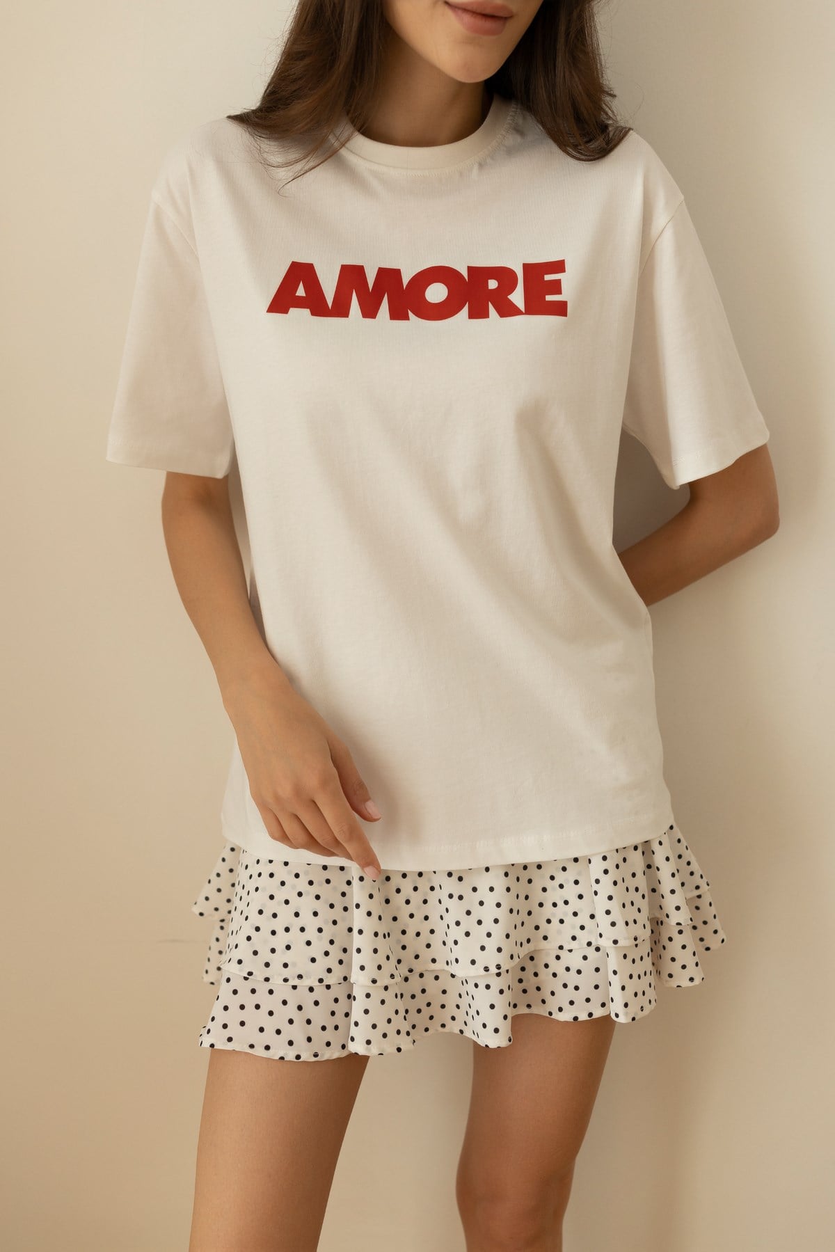 Ekru Amore Yazı Baskılı T-Shirt