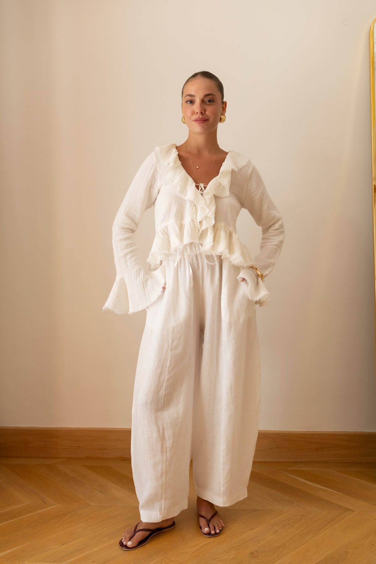 Ekru Beli Lastikli Slouchy %100 Keten Pantolon