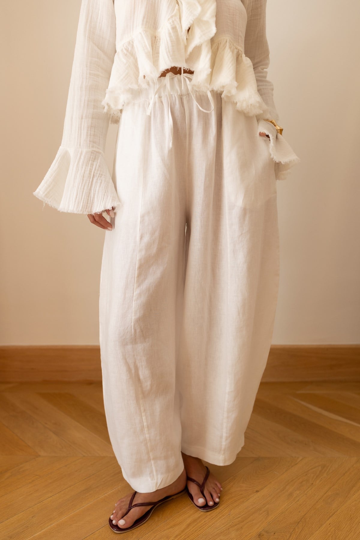 Ekru Beli Lastikli Slouchy %100 Keten Pantolon