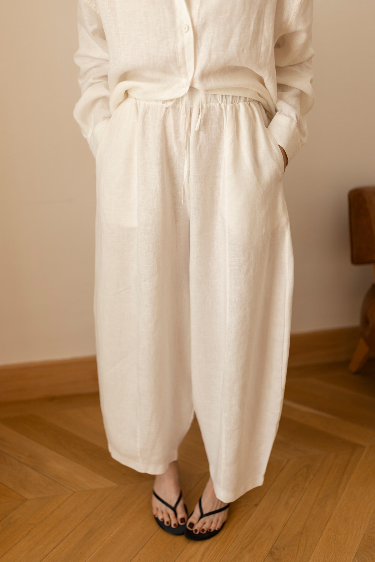 Ekru Beli Lastikli Slouchy Keten Pantolon