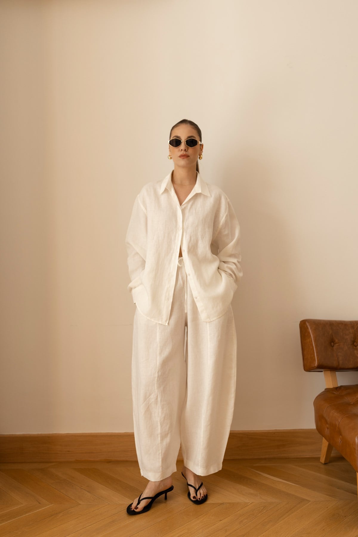 Ekru Beli Lastikli Slouchy Keten Pantolon