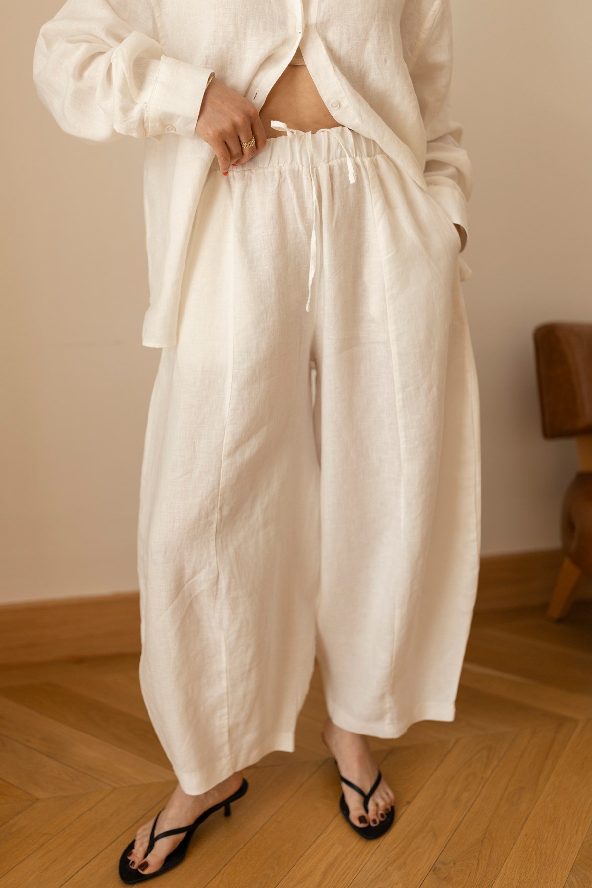 Ekru Beli Lastikli Slouchy Keten Pantolon