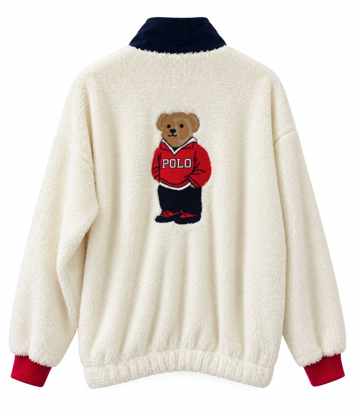 Ekru Dik Yaka Sırt Teddy Nakışlı Polar  Sweat