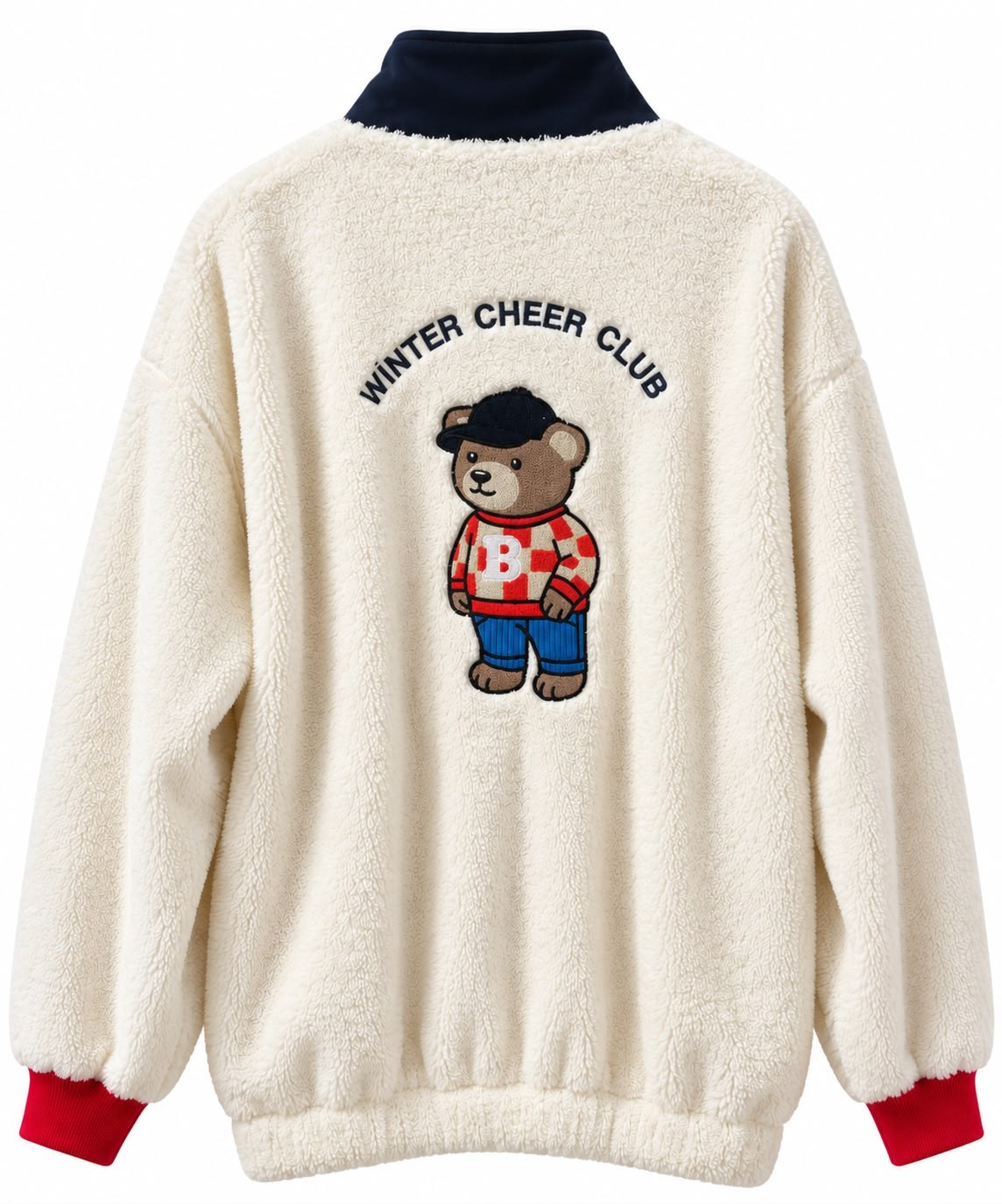 Ekru Dik Yaka Sırt Teddy Ve Yazı Nakışlı Polar Sweat