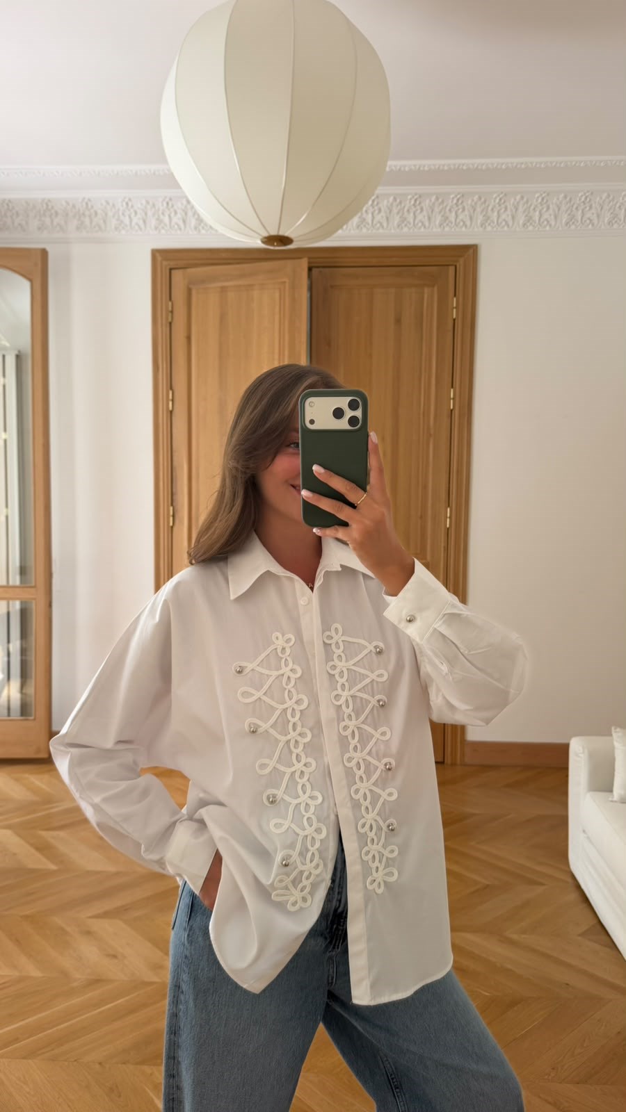 Ekru Düğme Ve Nakış Detaylı Oversize Gömlek