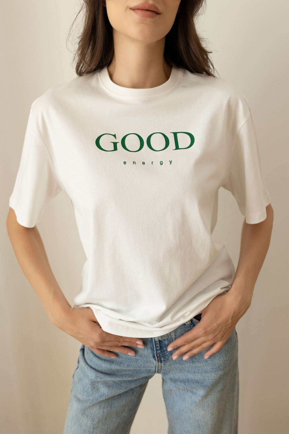 Ekru Good Energy Yazı Baskılı T-Shirt