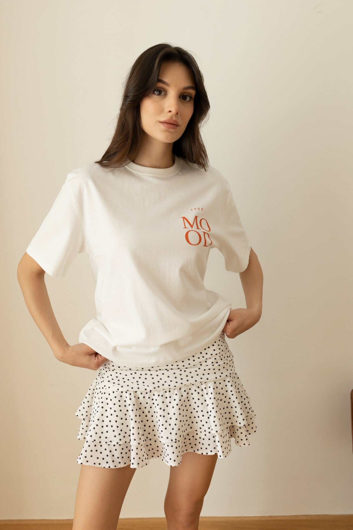 Ekru Good Mood Yazı Baskılı T-Shirt