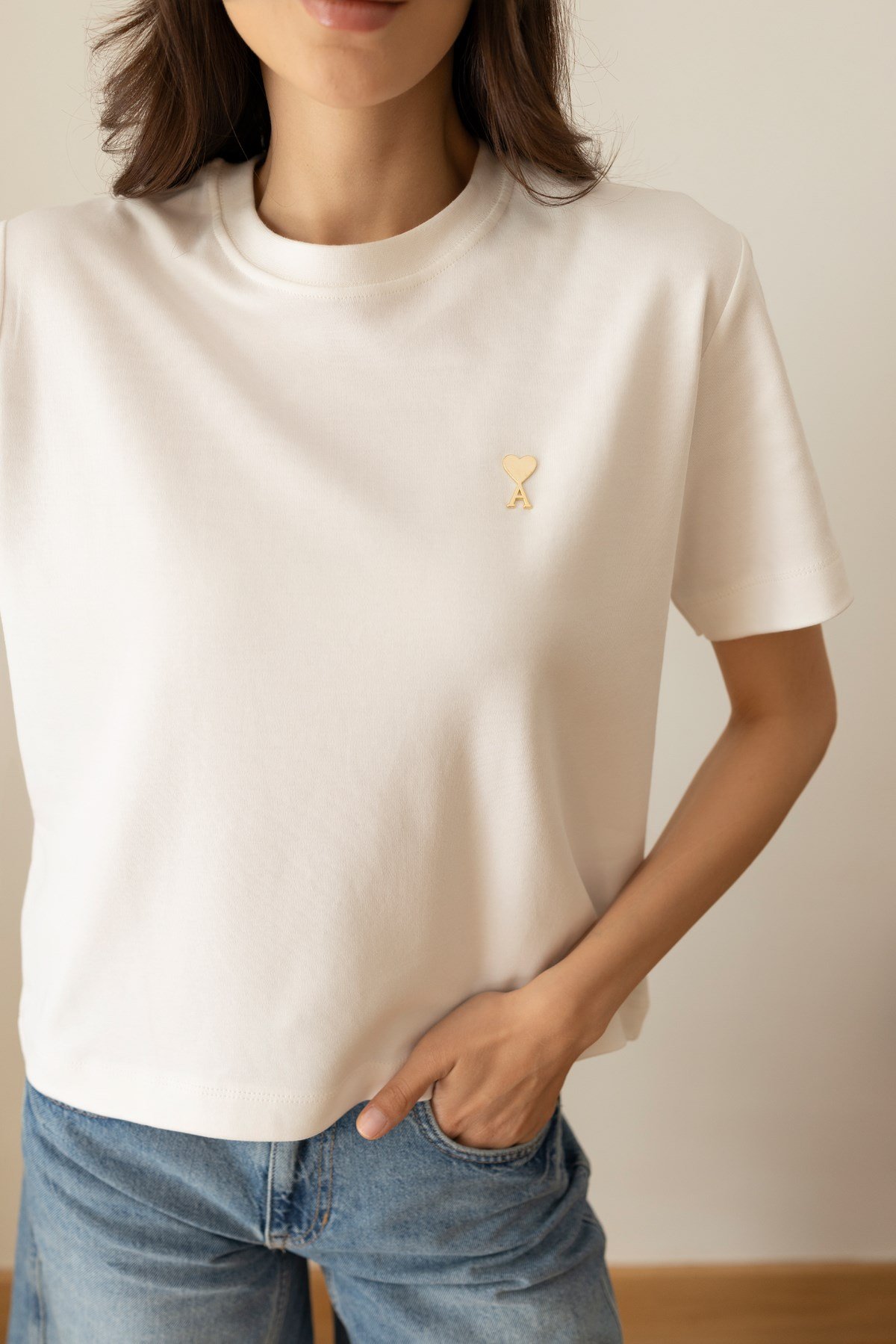 Ekru Kalp Aksesuar Detaylı Oversize T-Shirt